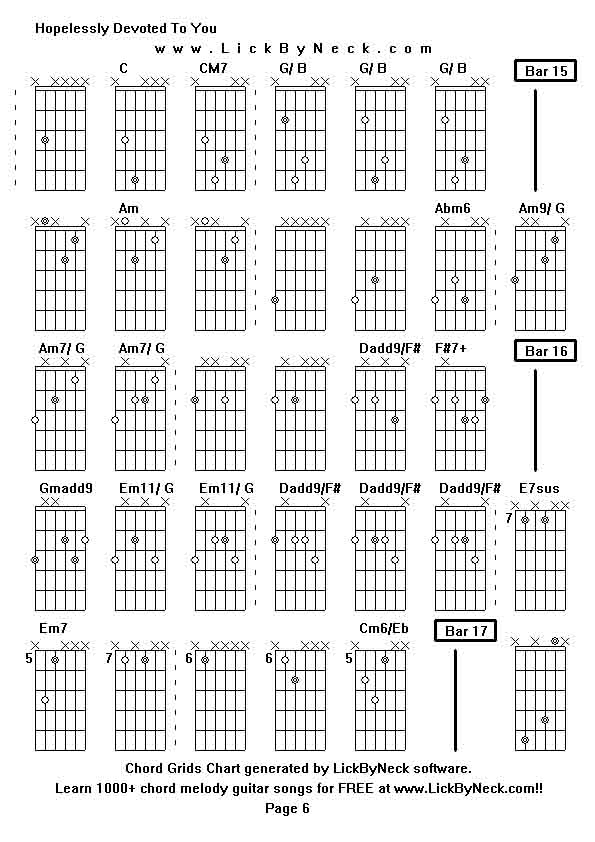 Chord Grids Chart of chord melody fingerstyle guitar song-Hopelessly Devoted To You,generated by LickByNeck software.